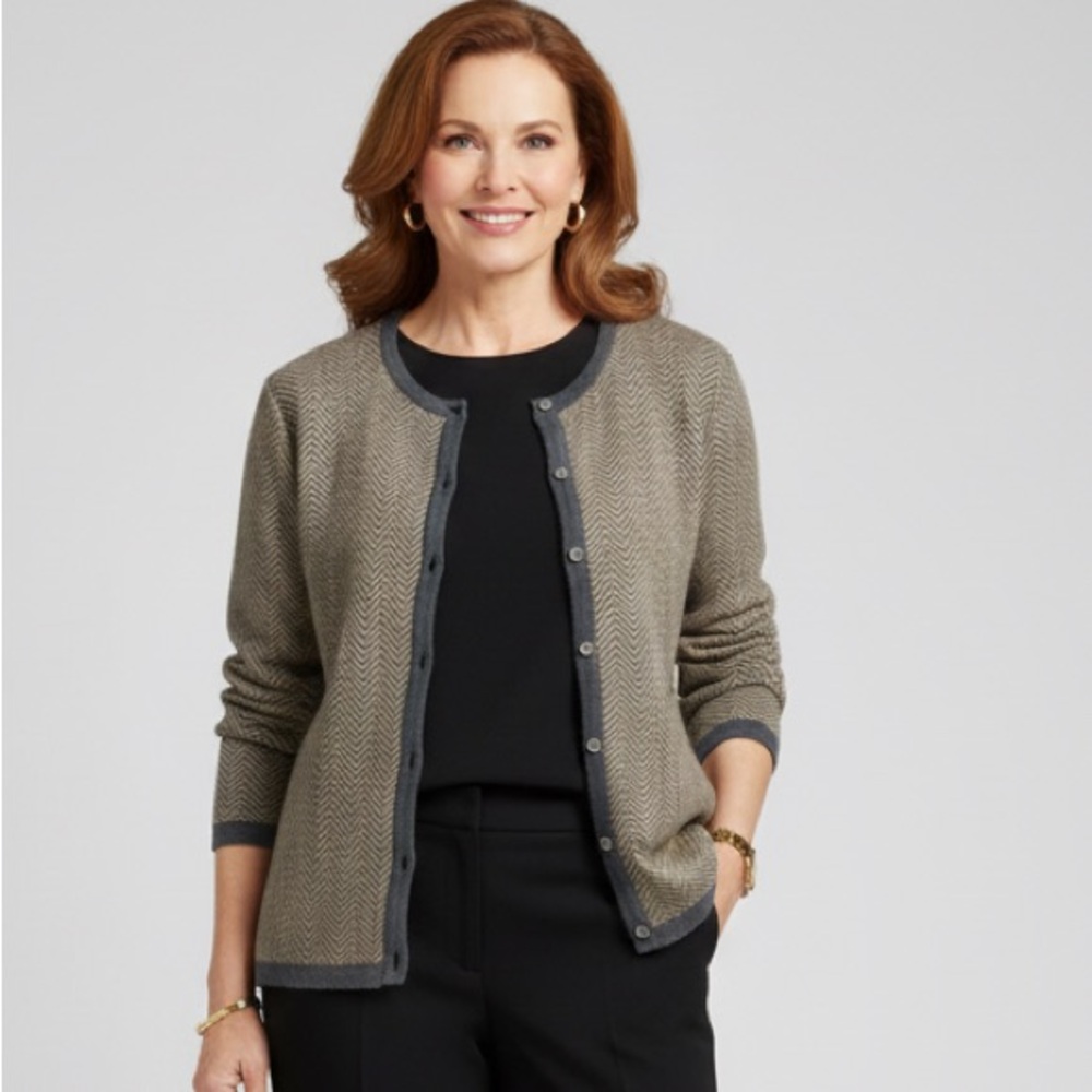 Talbots Herringbone Merino Wool Cardigan Sweater‎ XL